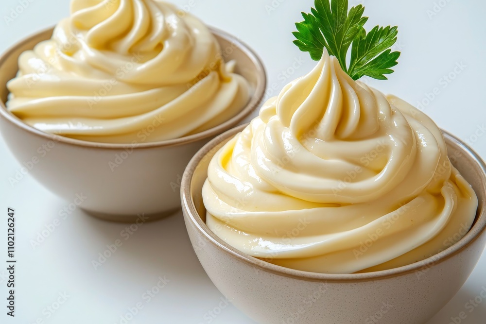 Creamy Delights Close-up of Glossy Mayonnaise in Beige Bowls on White Surface - Culinary Elegance and Serenity Creamy Delights Close-up of Glossy Mayonnaise in Beige Bowls on White Surface - Culinary Elegance and Serenity