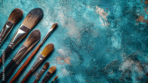 A collection of various art brushes arranged on a textured teal background, highlighting their different shapes and sizes in a creative workspace photo