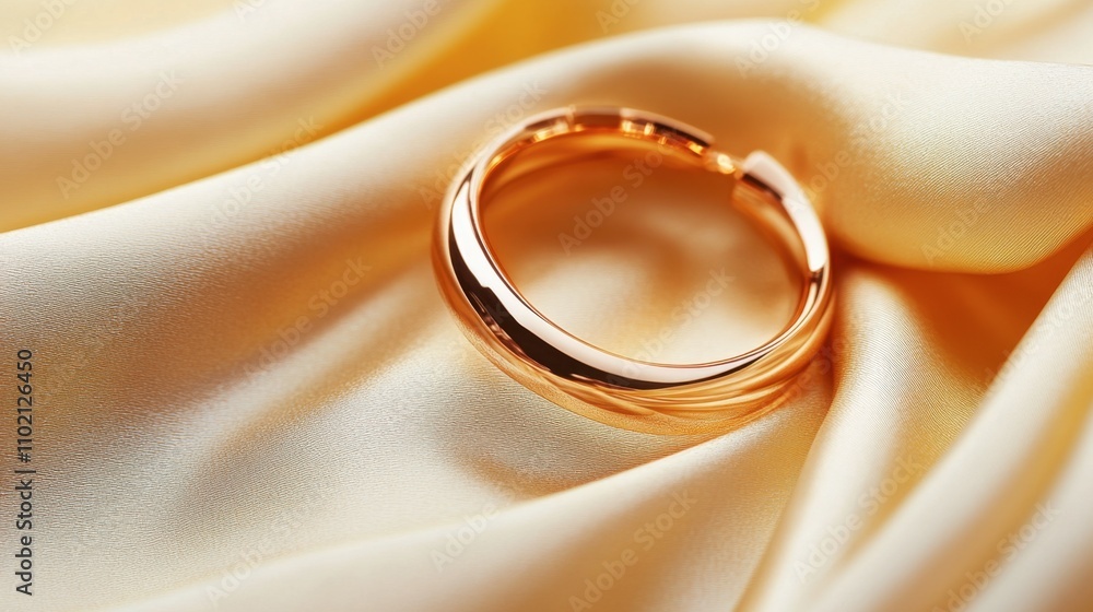Elegant Golden Ring on Smooth Yellow Silk Fabric Background Elegant Golden Ring on Smooth Yellow Silk Fabric Background