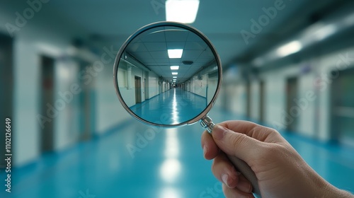 Detailed Investigation Hand Holding Magnifying Glass with Hallway Reflection - Closeup View of Scrutiny and Observation in Clinical Setting