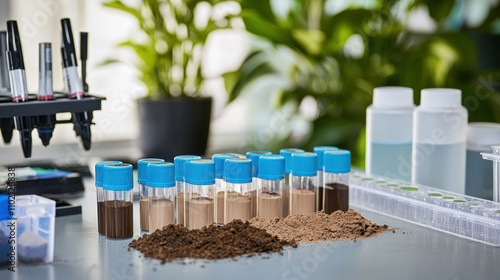 Soil pH testing in a lab, with equipment and labeled samples showing acidity and alkalinity levels photo