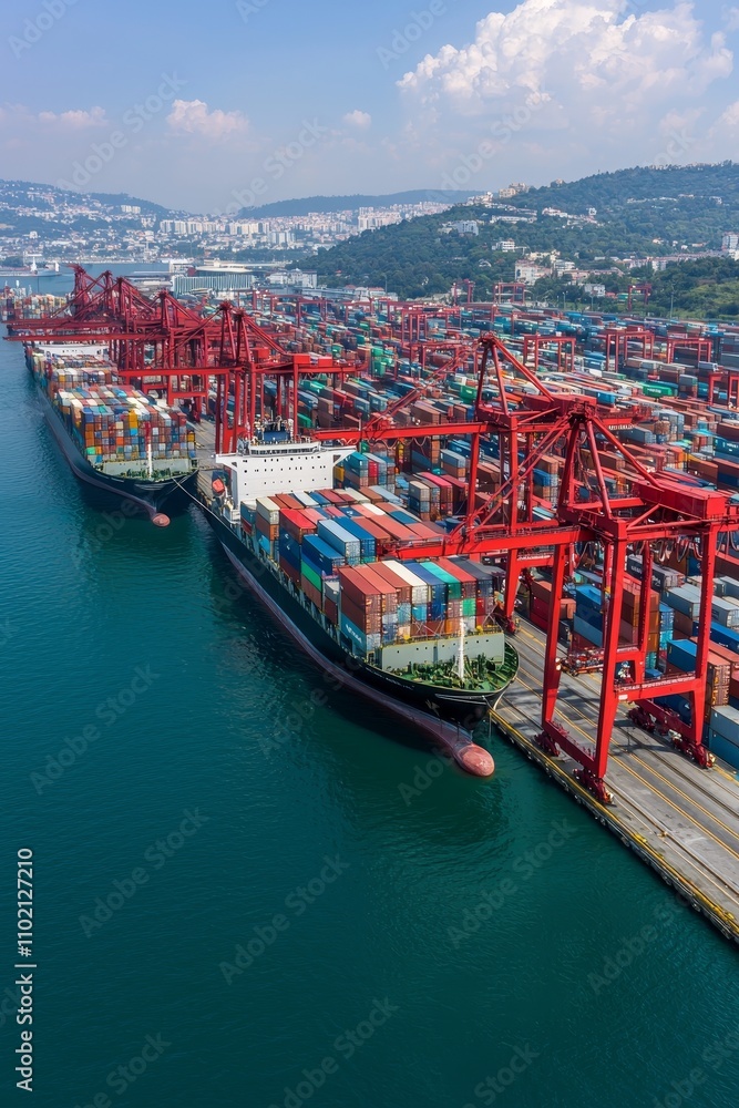 Fototapeta premium Dynamic Container Port Operations with Colorful Ships and Cranes in Coastal City - Industrial Logistics and Global Trade Concept