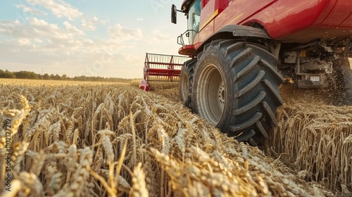 Dynamic Close-Up of Red Combine Harvester Tire Cutting Through Wheat Field on a Sunny Day
