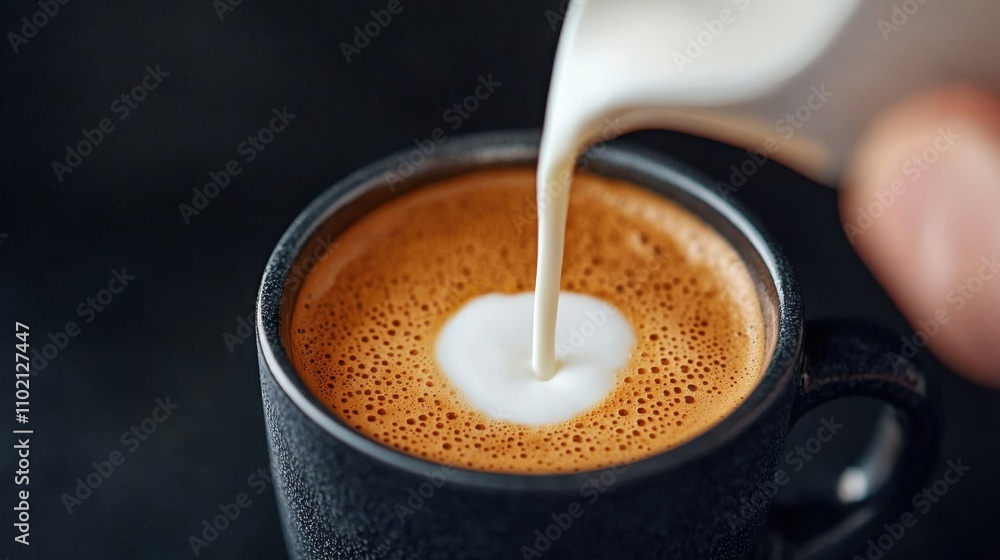A close-up of coffee being poured into a cup, creating a swirl of milk on the surface, showcasing a rich brown color and creamy texture. A close-up of coffee being poured into a cup, creating a swirl of milk on the surface, showcasing a rich brown color and creamy texture.