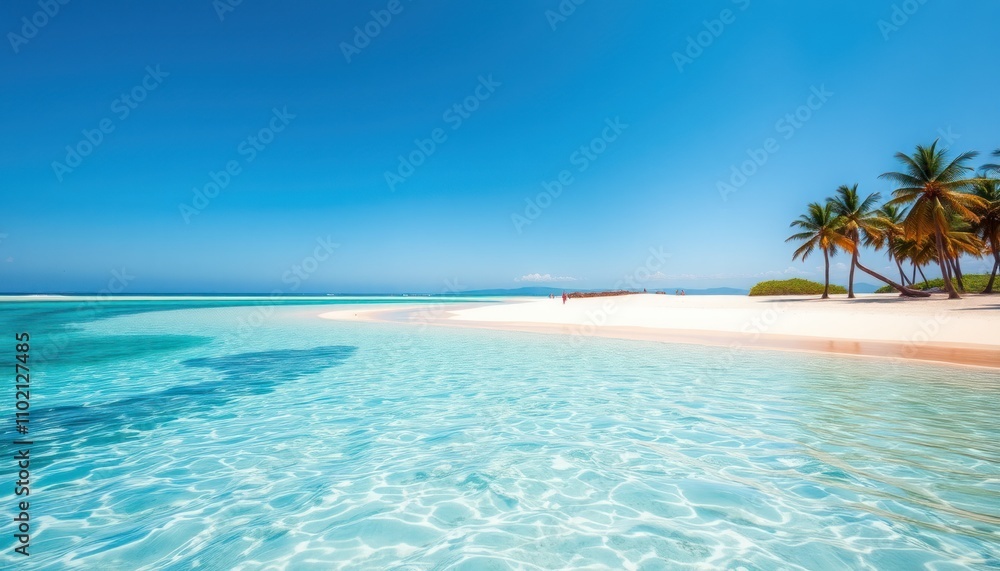 Fototapeta premium Idyllic tropical beach scene with clear turquoise water, white sand, and palm trees under a vibrant blue sky.