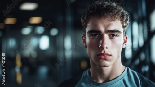 Portrait of a young Caucasian male athlete wearing a sports jersey looking straight into the camera with copy space and gym setting with equipment in the background