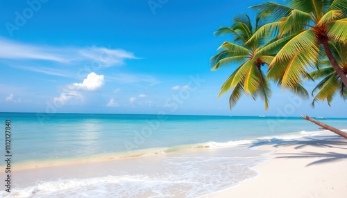 Idyllic tropical beach scene with palm trees, clear turquoise water, and white sand under a bright blue sky.