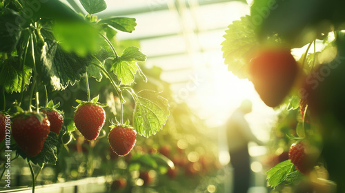 vibrant greenhouse scene featuring ripe strawberries hanging from lush green plants, illuminated by warm sunlight. worker is tending to plants, creating serene and productive atmosphere