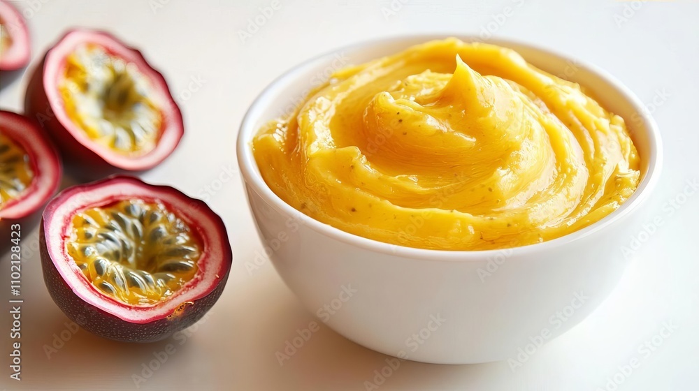 Delicious Passion Fruit Curd in Bowl with Halved Fruits Delicious Passion Fruit Curd in Bowl with Halved Fruits