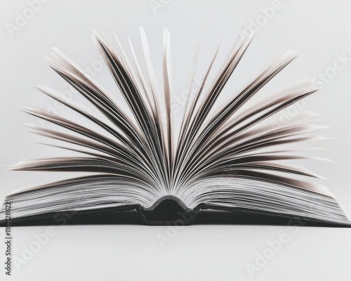 Elegant Open Book with Fan Pages on Minimalist Gray Background - Serene Reading Concept photo