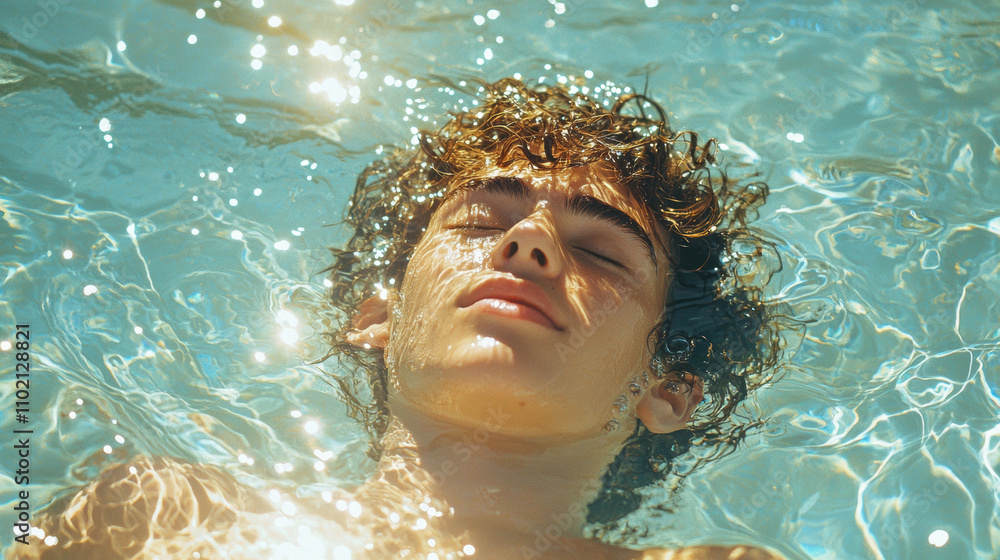 serene young man with curly hair floats in sparkling blue pool, enjoying moment of relaxation and tranquility. sunlight creates beautiful reflections on water surface serene young man with curly hair floats in sparkling blue pool, enjoying moment of relaxation and tranquility. sunlight creates beautiful reflections on water surface