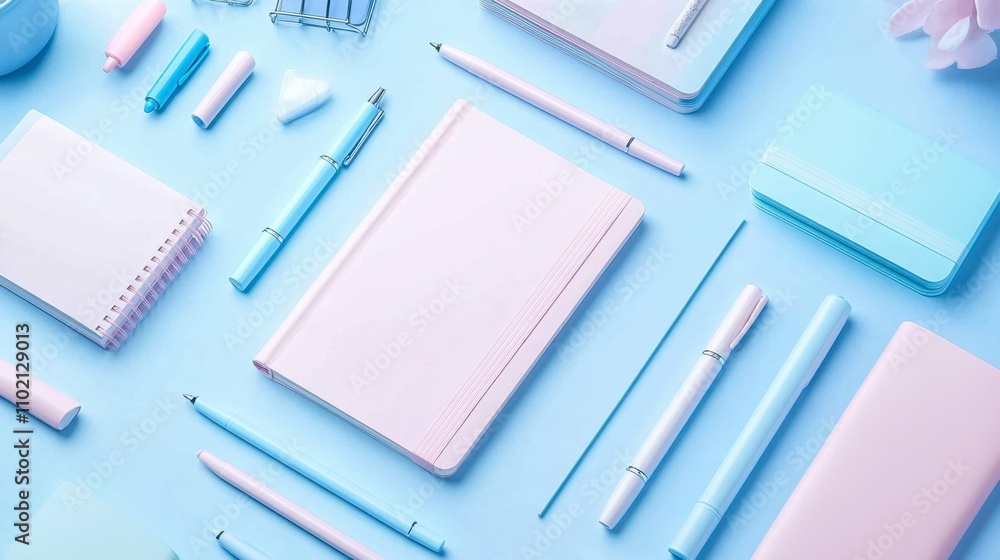 Pastel Stationery and Office Supplies on Soft Blue Background Pastel Stationery and Office Supplies on Soft Blue Background