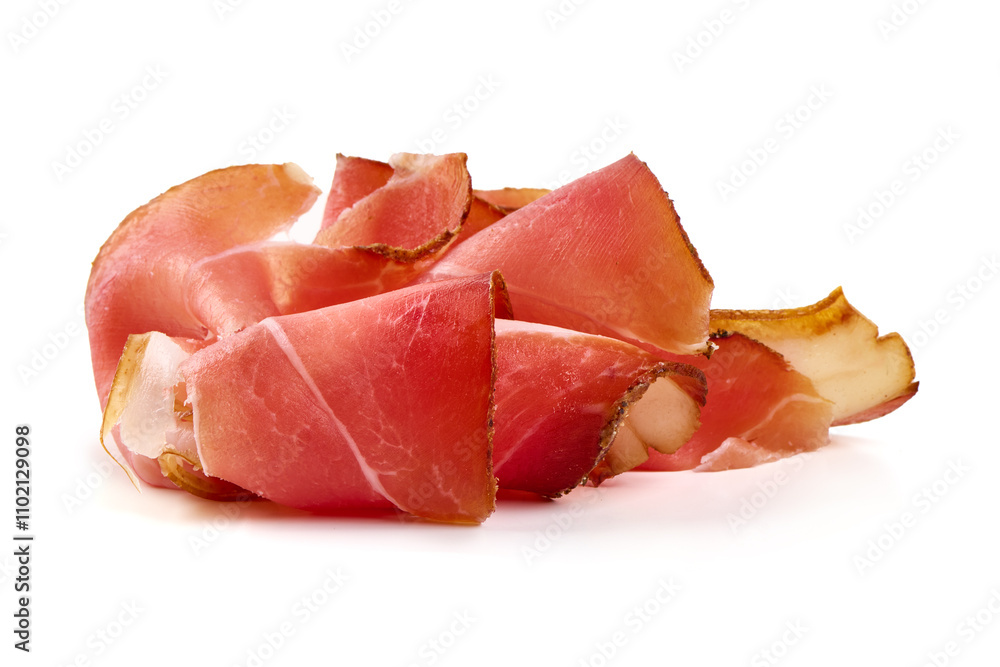 Dry Spanish ham, Jamon Serrano, Iberian ham Isolated on white background.