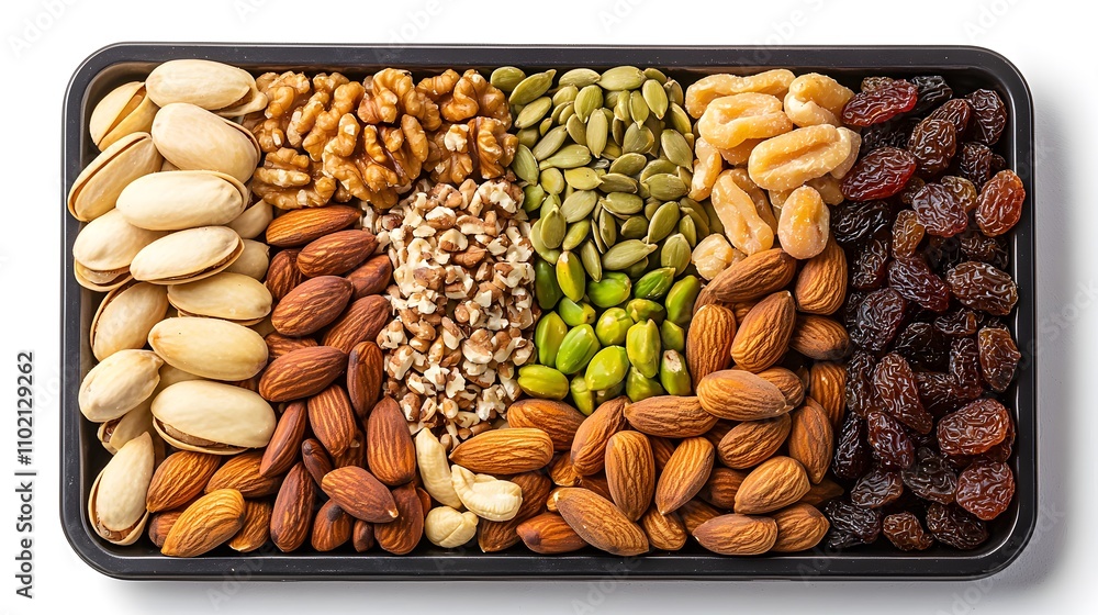 A platter of assorted nuts, seeds, and dried fruits, arranged with a focus on high-protein plant-based snacks. A platter of assorted nuts, seeds, and dried fruits, arranged with a focus on high-protein plant-based snacks.