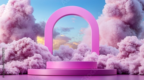 Abstract colorful arch surrounded by fluffy pink clouds under a bright blue sky creates a dreamy and whimsical atmosphere for creative projects and visual storytelling.