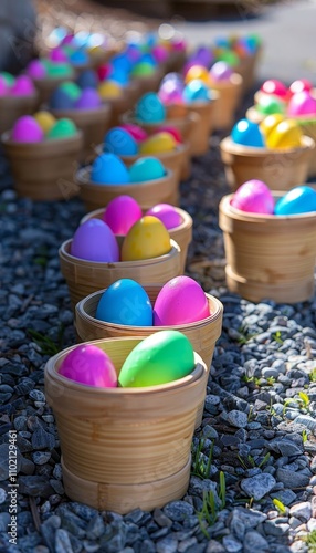 A festive backyard setup for an exciting easter egg hunt with colorful decorations and baskets photo