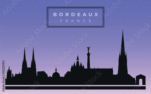 Cityscape against the starry sky. Bordeaux, France. Silhouettes of buildings. Vector on a gray background	