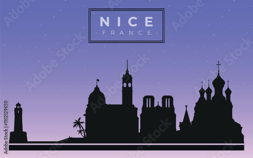 Cityscape against the starry sky. Nice, France. Silhouettes of buildings. Vector on a gray background	