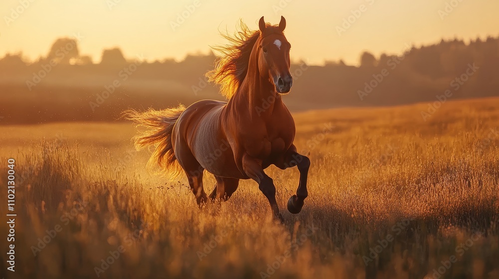 Majestic Chestnut Horse Galloping at Sunset - A stunning chestnut horse runs freely across a golden field at sunset, symbolizing freedom, grace, power, nature, and wildness. Majestic Chestnut Horse Galloping at Sunset - A stunning chestnut horse runs freely across a golden field at sunset, symbolizing freedom, grace, power, nature, and wildness.