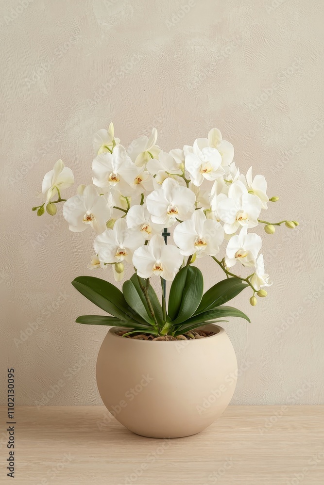 Exquisite Closeup of Creamy Phalaenopsis Orchid Plant on Textured Beige Background - Serene Botanical Elegance for Home Decor Exquisite Closeup of Creamy Phalaenopsis Orchid Plant on Textured Beige Background - Serene Botanical Elegance for Home Decor