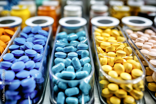 Colorful display of vibrant pills and tablets in pharmacy shelves showcasing a variety of pharmaceuticals in distinct hues and shapes photo