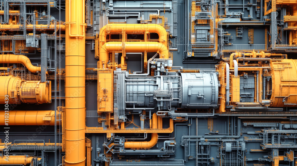 Futuristic industrial plant showcasing intricate designs with orange pipes and yellow equipment in a high-resolution composition Futuristic industrial plant showcasing intricate designs with orange pipes and yellow equipment in a high-resolution composition