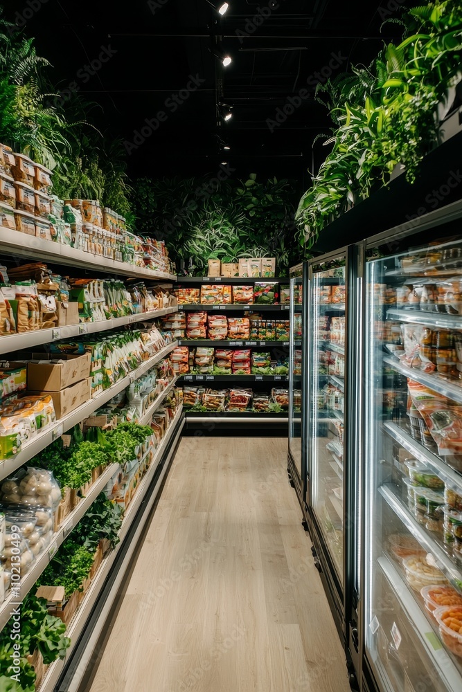 Fototapeta premium Fresh Market Aisle Symmetrical Grocery Store Display of Fresh Produce and Prepared Foods with Vertical Garden Background - Clean, Inviting Retail Atmosphere