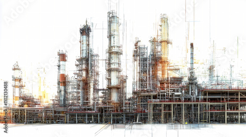 A detailed digital painting of an industrial oil and gas plant showcasing towering tanks and intricate pipelines in a modern, sleek design photo