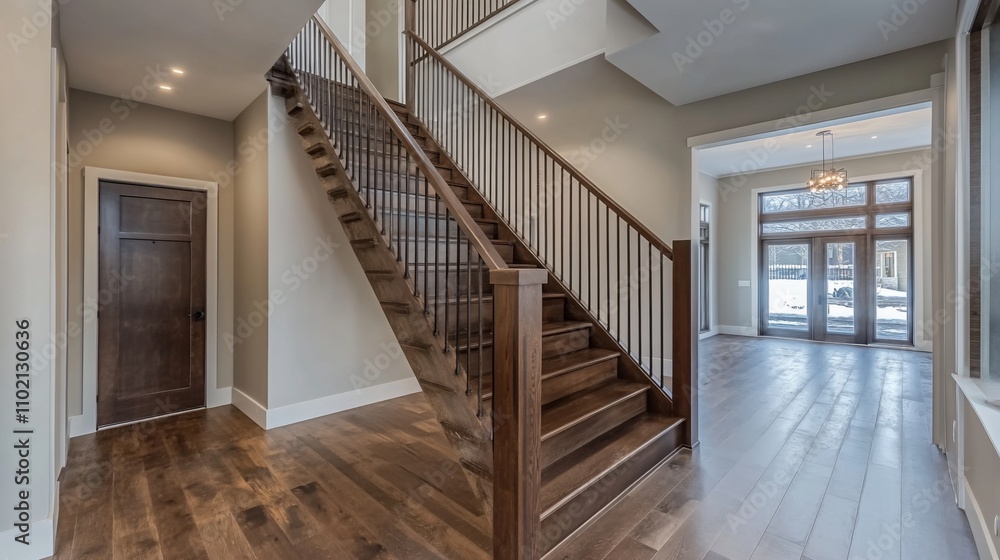 Modern home interior with hardwood floors, wooden staircase, and large windows. Modern home interior with hardwood floors, wooden staircase, and large windows.
