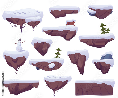 Winter level platform with snowdrifts, frozen land island with footprints, snowman, game flying stone stage vector set