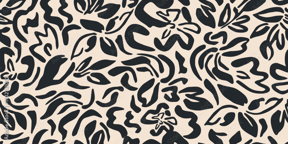 Flower seamless background. Minimalistic abstract floral pattern. Modern print in black and white background. Ideal for textile design, wallpaper, covers, cards, invitations and posters.