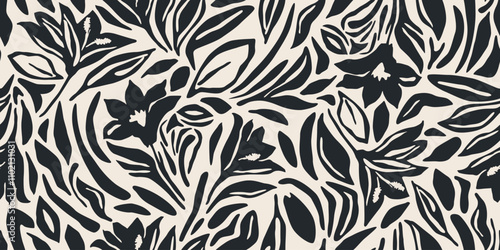 Flower seamless background. Minimalistic abstract floral pattern. Modern print in black and white background. Ideal for textile design, wallpaper, covers, cards, invitations and posters.