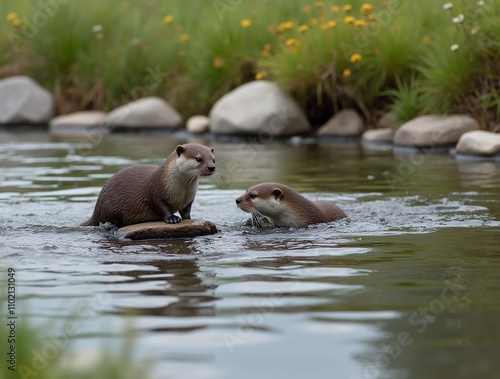 Close-up of Eurasian Otters in a river, highlighting their natural beauty.