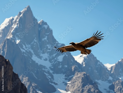 Himalayan Griffon Vulture Soaring Above Peaks.