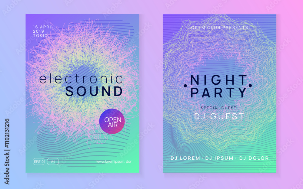 Fototapeta premium Fest Set. Festival Cover. Pink Edm Flyer. Night Club Poster. Music Electro Graphic. Blue Dj Event. Nightclub Beat Invitation. Green Fest Set