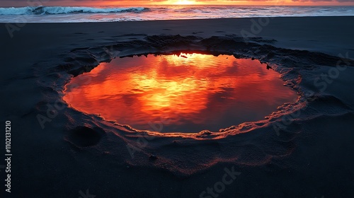 A reflective tidal pool on black sand mirroring a fiery orange and pink sunset photo