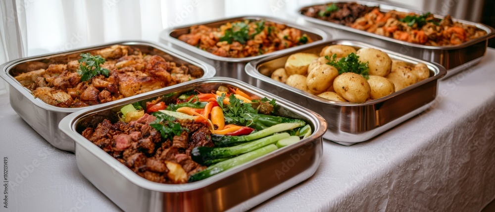 Gourmet Buffet Display of Stainless Steel Chafing Dishes with Sumptuous Selection, Elegant Setting for Catering or Event - Warm Atmosphere with Soft Lighting and Textured Accents Gourmet Buffet Display of Stainless Steel Chafing Dishes with Sumptuous Selection, Elegant Setting for Catering or Event - Warm Atmosphere with Soft Lighting and Textured Accents