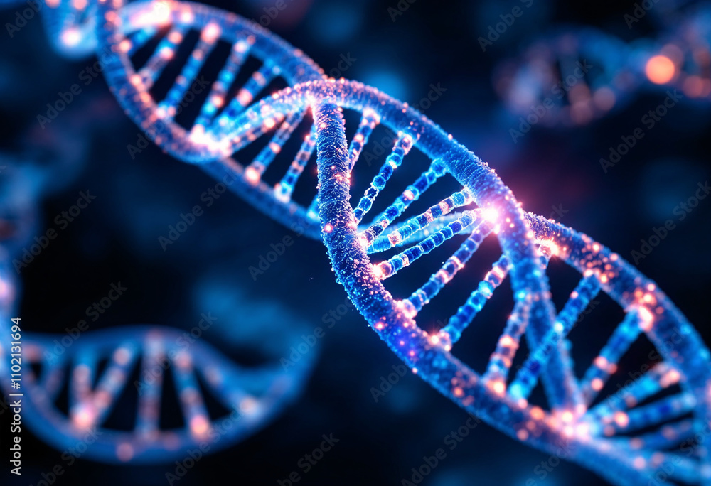 Detailed view of a DNA double helix structure with glowing elements illustrating molecular biology concepts and genetic research Detailed view of a DNA double helix structure with glowing elements illustrating molecular biology concepts and genetic research