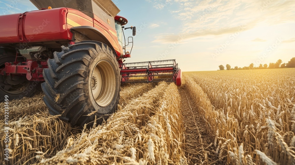 Obraz premium Harvesting Abundance Close-Up Red Combine Harvester in Golden Wheat Field at Sunrise - Agricultural Machinery and Harvest Concept