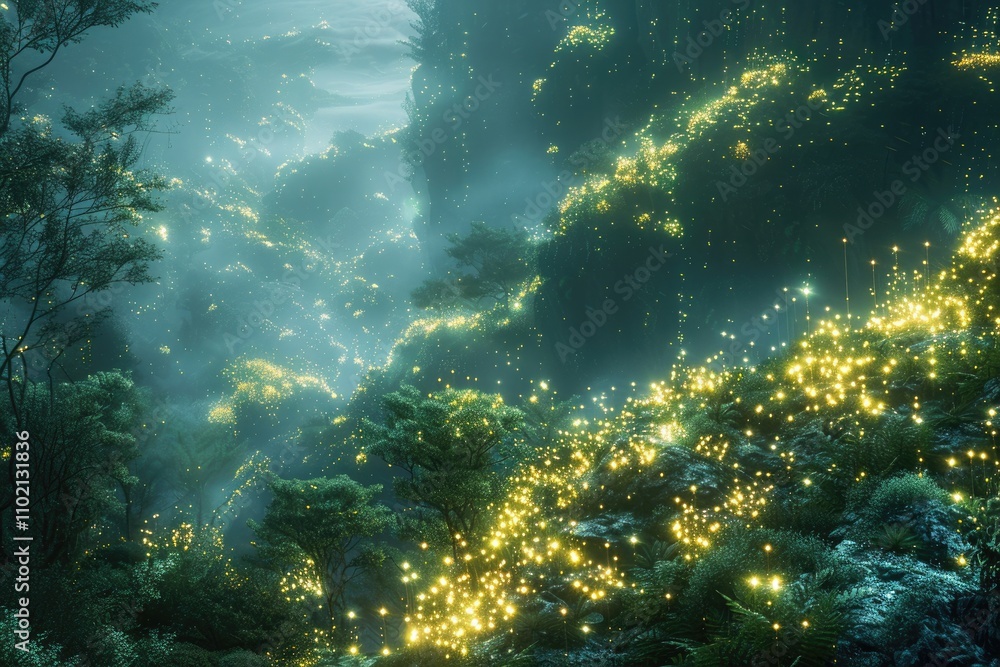 Fototapeta premium Enchanting Forest with Glowing Lights and Mist