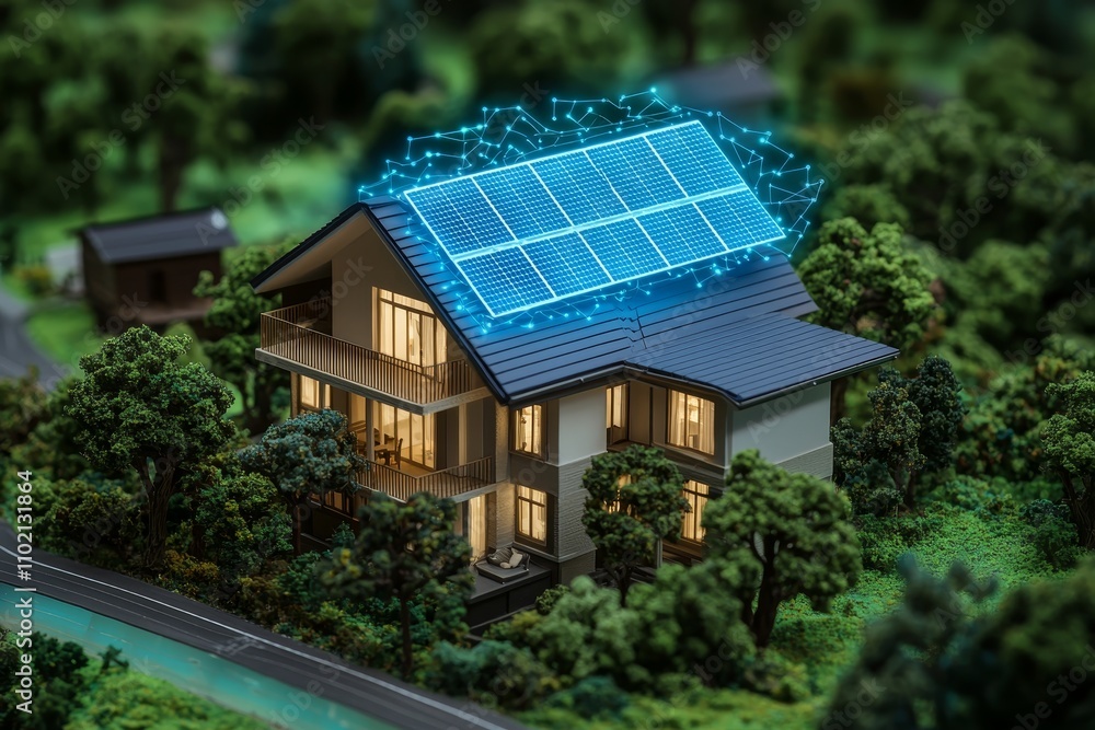 Innovative Solar Energy Concept in Miniature Residential Landscape with Glowing Panels and Sustainable Design for Renewable Technology Promotion Innovative Solar Energy Concept in Miniature Residential Landscape with Glowing Panels and Sustainable Design for Renewable Technology Promotion