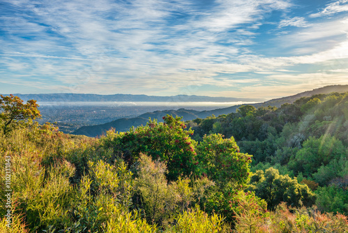 A breathtaking view in the mountains above Silicon Valley, perfect for hikers and travelers. The vibrant colors and picturesque landscape inspire exploration and adventure.