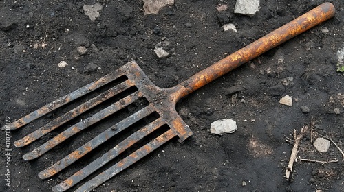 Rusty Pitchfork on Dark Soil in Garden Setting