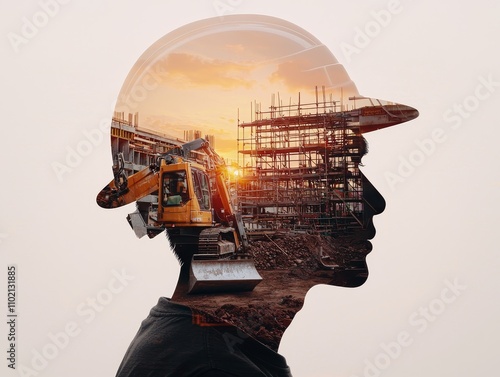 Innovative Double Exposure Portrait of Construction Worker with Sunset Construction Site - Industry Fusion Concept