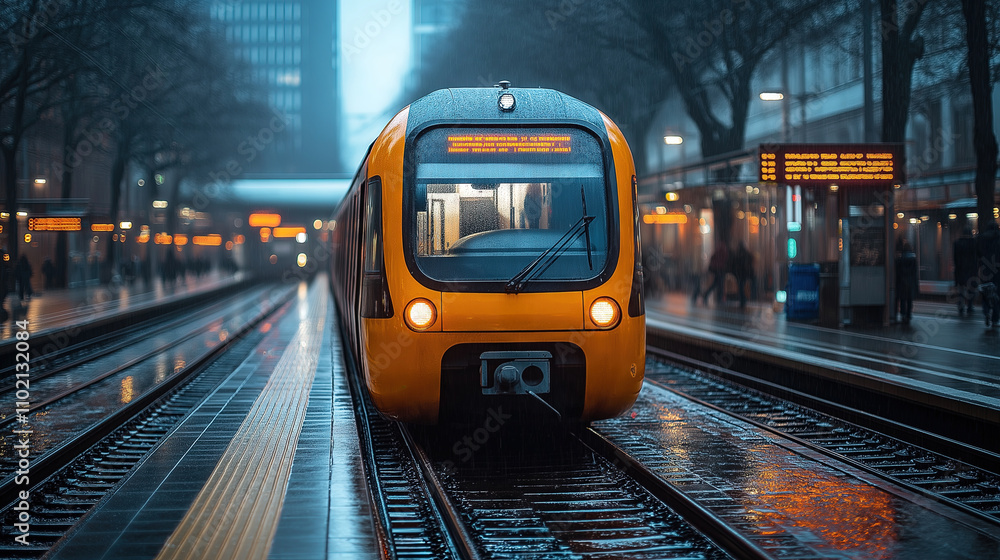 Naklejka premium City Train on Platform in Rainy Weather