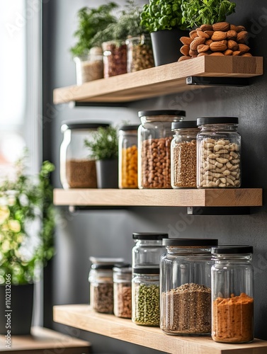 Modern Kitchen Pantry Organization: Stylish Storage Jars - Organized kitchen shelves with glass jars filled with various dried foods, herbs, and nuts.  Clean, minimalist, healthy eating, efficient sto photo