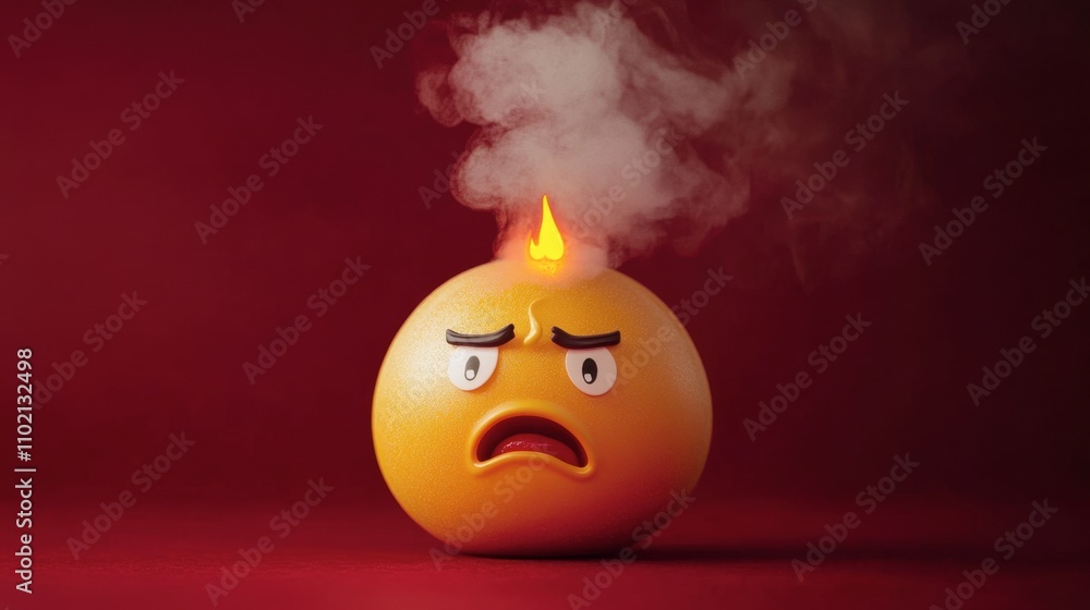 Angry Expression Emoticon with Smoke and Flame on Red Background Angry Expression Emoticon with Smoke and Flame on Red Background