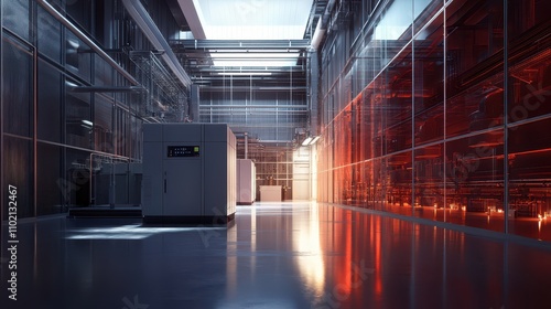 Large-scale data center backup power generator installation: Controlled lighting, wide architectural view, and detailed technological infrastructure in ultra-precise commercial documentation.
