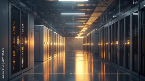 Large-scale data center backup power generator installation: Controlled lighting, wide architectural view, and detailed technological infrastructure in ultra-precise commercial documentation.