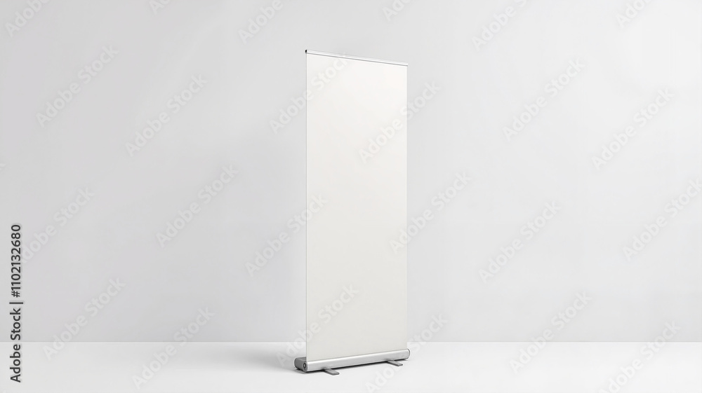 Minimalist blank roll-up banner in a bright indoor setting Minimalist blank roll-up banner in a bright indoor setting